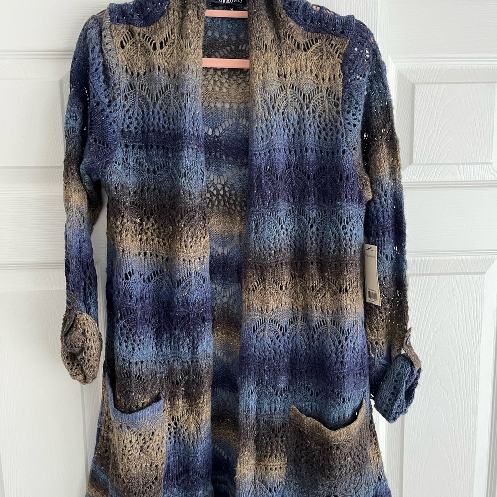 Women's Blue and Brown Open Knit Sweater